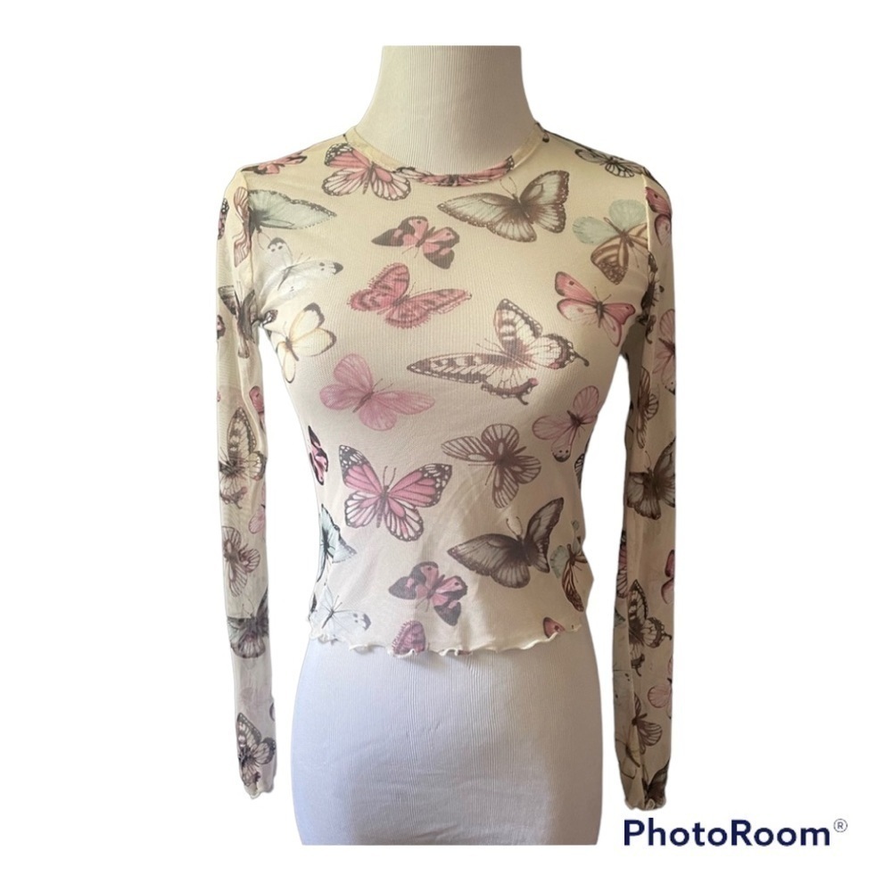 🦋ORIGINALITY sheer mesh butterfly 90s y2k half sleeve crop top size XS